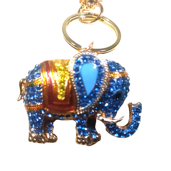 Blue Elephant Rhinestone Trunk Up Good Luck Gold Tone Sparkle Bling Keychain - Picture 3 of 5